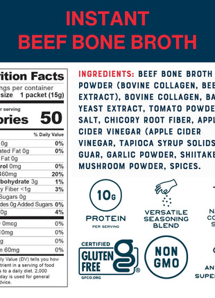 Bare Bones Beef Bone Broth Instant Powdered Mix Packets | 5g Collagen | 10g Protein | Keto & Paleo Friendly | No Artificial Flavors | Rich Savory on-the-go 16 Pack