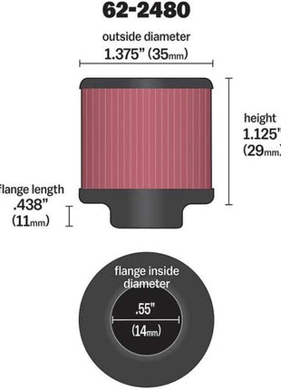 K&N Vent Air Filter/Breather: High Performance, Premium, Washable, Replacement Engine Filter: Flange Diameter: 0.5 in, Filter Height: 1.125 in, Flange Length: 0.438 in, Shape: Breather, 62-2480