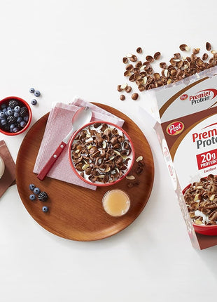 Post Premier Protein Chocolate Almond Cereal, Chocolatey Protein Cereal Flakes with Sliced Almonds, Contains 20g of Protein Per Serving, 9 OZ Box