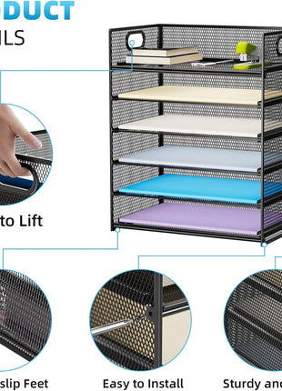 Marbrasse 6 Tier Paper Organizer Letter Tray - Mesh Desk File Organizer with Handle, Paper Sorter Organizer for Letter/A4 Office File Folder Holder - Black