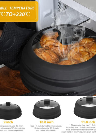Microwave Splatter Cover Glass Splatter Guard Lid with Collapsible Silicone for Food Pot Cover Plate Cover 10.8 inch Black