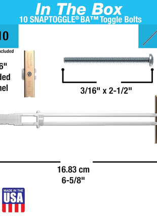 TOGGLER SNAPTOGGLE BA Toggle Anchor with Bolts, Zinc-Plated Steel Channel, Made in US, 3/8" to 3-5/8" Grip Range, For 3/16"-24 UNC Fastener Size (Pack of 10)