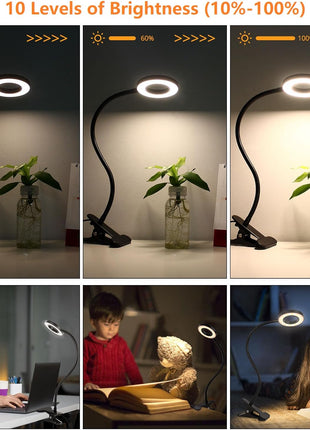 Woputne Desk Lamp Clip Light, 10 Dimmable Brightness 3 Light Modes Reading Light, Clamp Bedside Lamp for Painting, Craft, Study (Black)