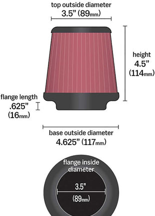 K&N High-Flow Original Lifetime Universal Clamp-On Air Filter: Performance, Premium, Washable: Flange Diameter: 3.5 In, Filter Height: 4.5 In, Flange Length: 0.625 In, Shape: Round Tapered, RU-2790