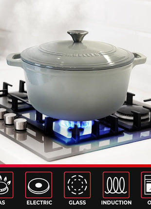 Mueller 6 Quart Enameled Cast Iron Pot Dutch Oven, Heavy-Duty | Oven-Safe up to 500°F & Across All Cooktops, Casserole Dishes for Ovens, Bread Pan with Lid & Knob, Cast Iron Cookware, Grey