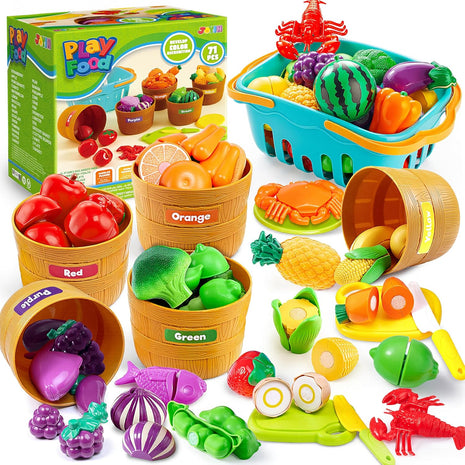 JOYIN Learning Toys Play Food Set for Toddlers, Cutting Food for Preschool Activities, Play Kitchen Accessories, Educational Toys, Color Sorting Set for Boys & Girls, Back to School Gifts for Toddlers