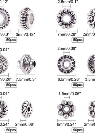 PH PandaHall 300pcs 6 Style Antique Silver Spacer Beads, Tibetan Metal Alloy Tube Spacers Flower Flat Rondelle Small Loose Beads for Bracelet Necklace Earring Jewelry Making Supplies
