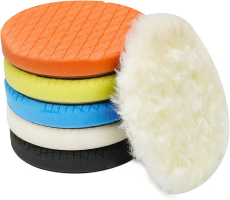 Autolock 5" Buffing Polishing Pads, 6Pcs 140mm Face for 5Inch Backing Plate | Compound Buffing Sponge and Woolen Pads Cutting Polishing Pad Kit for Car Buffer Polisher, Polishing and Waxing