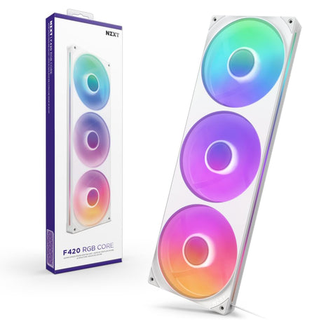 NZXT F420 RGB Core - 420mm Single-Frame RGB Fan Unit - White | 420mm single-frame unit with three 140mm RGB fans on one cable. Speed and lighting controlled through CAM.