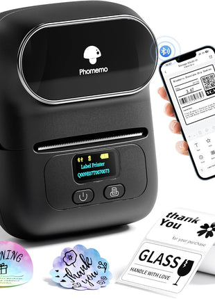 Phomemo M110 Label Makers - Barcode Label Printer Bluetooth Label Maker Portable Thermal Printer for Small Business, Address, Barcode, Logo, Clothing, Mailing, Sticker Printers for Phone & PC, Black