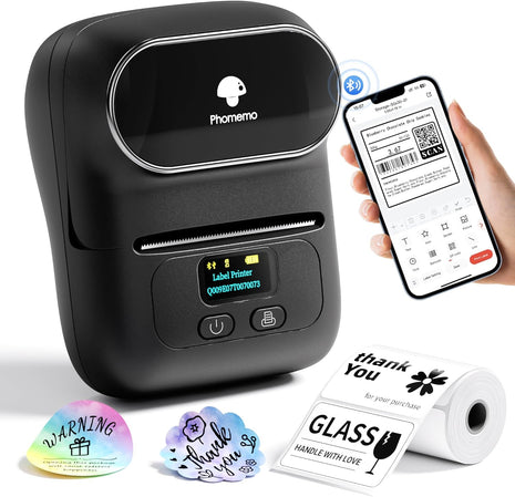 Phomemo M110 Label Makers - Barcode Label Printer Bluetooth Label Maker Portable Thermal Printer for Small Business, Address, Barcode, Logo, Clothing, Mailing, Sticker Printers for Phone & PC, Black