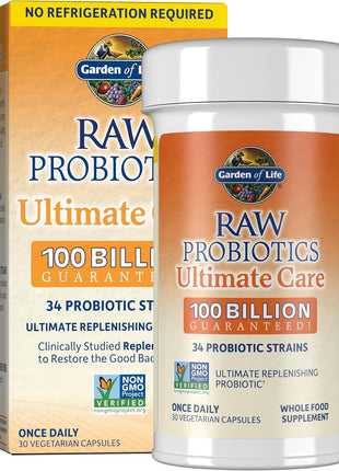 Garden of Life Raw Probiotics for Women and Men with Digestive Enzymes, 100 Billion CFU, Clinically Studied Strains, Shelf Stable, 30 Capsules