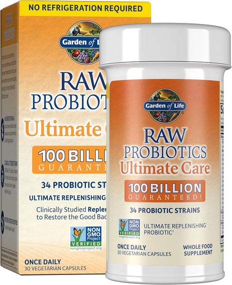 Garden of Life Raw Probiotics for Women and Men with Digestive Enzymes, 100 Billion CFU, Clinically Studied Strains, Shelf Stable, 30 Capsules