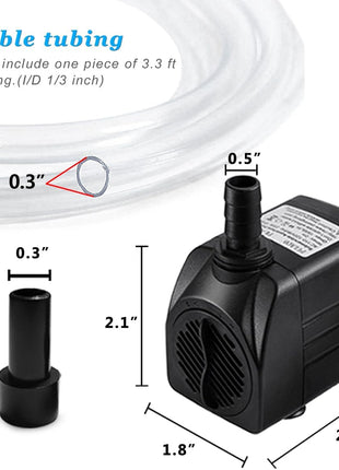 PULACO 160GPH Small Fountain Pump, Ultra Quiet Submersible Water Pump (600L/H, 10Watt) with 3.3 ft Tubing for Aquariums, Pond Fountain, Water Feature, Indoor Fountains