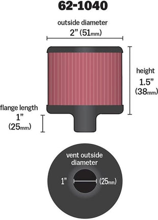 K&N Vent Air Filter/Breather: High Performance, Premium, Washable, Replacement Engine Filter: Filter Height: 1.5 in, Flange Length: 1 in, Shape: Breather, 62-1040
