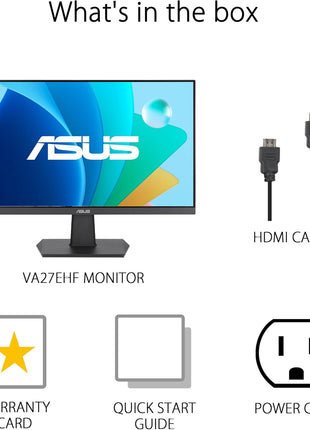 ASUS 27 Inch Monitor - 1080P, IPS, Full HD, Frameless, 100Hz, 1ms, Adaptive-Sync, for Working and Gaming, Low Blue Light, Flicker Free, HDMI, VESA Mountable, Tilt - VA27EHF