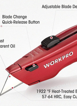 WORKPRO Premium Utility Knife, Retractable All Metal Heavy Duty Box Cutter, Quick Change Blade Razor Knife, with 10 Extra Blades