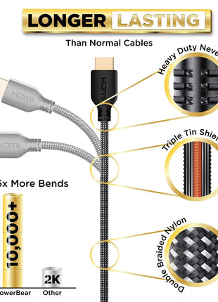 PowerBear 4K HDMI Cable 10 ft | High Speed Hdmi Cables, Braided Nylon & Gold Connectors, 4K @ 60Hz, Ultra HD, 2K, 1080P, ARC & CL3 Rated | for Laptop, Monitor, PS5, PS4, Xbox One, Fire TV, & More