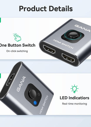 HDMI Switch 4k@60hz Splitter, GANA Aluminum Bidirectional HDMI Switcher 2 in 1 Out, Manual HDMI Hub Supports HD Compatible with Xbox PS5/4/3 Blu-Ray Player Fire Stick Roku