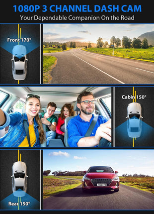 Dash Cam Front and Rear, 1080P Dash Camera for Cars, 3 Channel Car Camera Front Rear and Inside with 32GB Card, Loop Recording, Night Vision, HDR, 24Hr Parking, G-Sensor