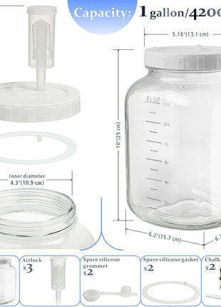 1 Gallon Large Fermentation Jars, 4.3" Wide Mouth Glass Jar, 2 Pack | 100% Airtight Lid, BPA-Free, Dishwasher Saf, Pickle Jar with 2 SCREW Lid, 3 Airlock and 2 Scale Mark for Sourdough Starter