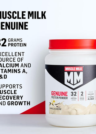 Muscle Milk Genuine Protein Powder, Vanilla Crème, 1.93 Pounds, 12 Servings, 32g Protein, 2g Sugar, Calcium, Vitamins A, C & D, NSF Certified for Sport, Energizing Snack, Packaging May Vary