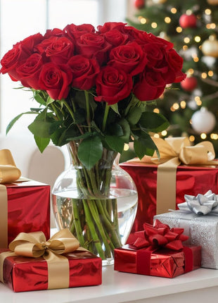 Benchmark Bouquets - Red Roses Bouquet - Fresh Flowers for Delivery - Real Roses - Two Dozen Long Stem Roses for Anniversary - Romantic Gift Set - Gifts for Women (Glass Vase Included)