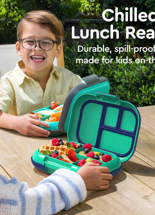 Bentgo Chill Kids 4-Compartment Bento Box Leakproof Lunch Box | Built-In Ice Pack, 3.3 Cup Capacity, BPA-Free, Microwave & Dishwasher Safe Tray, Ideal for Ages 3–7 (Green/Navy)