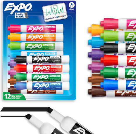 EXPO Dry Erase Markers, Low Odor Ink, Assorted Colors, Chisel Tip, 12 Count