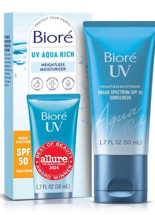 Biore UV Aqua Rich Daily Hydrating Facial Moisturizer with SPF 50 | Oil Free Sunscreen & Primer for Makeup with Hyaluronic Acid, No White Cast, Non-Comedogenic, For Sensitive Skin, PA++++, 1.7 Oz