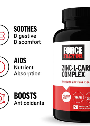 Force Factor Zinc L-Carnosine Capsules | Support Gastric & Digestive Health, Digestion & Bloating Supplement, Vegan, Non-GMO, No Gelatin, 120 Capsules