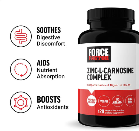 Force Factor Zinc L-Carnosine Capsules | Support Gastric & Digestive Health, Digestion & Bloating Supplement, Vegan, Non-GMO, No Gelatin, 120 Capsules