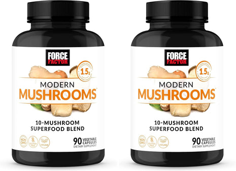 Force Factor Modern Mushrooms Capsules, Mushroom Supplement with Lions Mane, Turkey Tail, & Cordyceps to Support Energy, Focus, Immunity, & Digestion, 90 Vegetable Capsules,(Pack of 2)