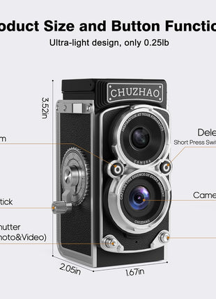 CHUZHAO Vintage Mini Digital Camera, Portable TLR Style Retro Point and Shoot Compact Small Pocket 1080P FHD Video 12MP Autofocus Vlogging Camera with 16 GB Card for Beginners Teens Adults Black