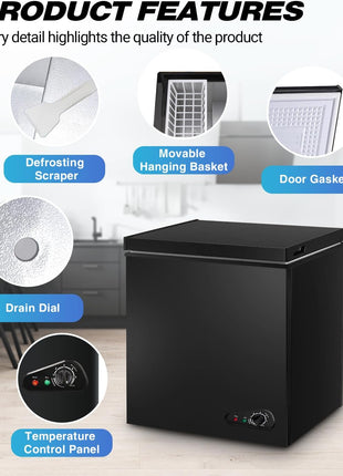 Compact Chest Freezer, 5.0 Cu Ft Deep Freezer with Removable Storage Basket, Mini Freezer with 7 Temperature Levels Thermostat, Black Top Open Door Freezer Ideal for Home, Kitchen & Office