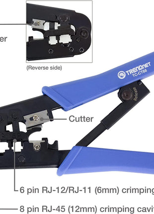 TRENDnet Crimping Tool, Crimp, Cut, And Strip Tool, For Any Ethernet or Telephone Cable, Built-In Cutter And Stripper, 8P-RJ-45 And 6P-RJ-12, RJ-11, All Steel Construction, Black, TC-CT68