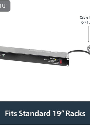 StarTech.com 8 Outlet Horizontal 1U Rack Mount PDU Power Strip for Network Server Racks - Surge Protection - 120V/15A - w/ 6ft Power Cord (RKPW081915)