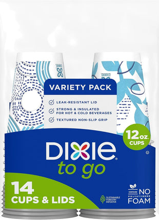 Dixie To Go Paper Coffee Cups With Lids, 12 oz, 14 ct, Disposable Insulated Paper Cups for On-The-Go Hot or Cold Beverages
