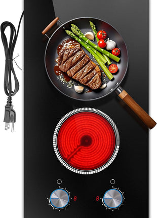 2 Burner Electric Cooktop 110V, Knob 12 Inch Electric Stove Top | 120V Stove Top Burner Knob Control, 2000W Countertop Stove, Timer, 9 Heating Levels, Overheat Protection, High-Temp Alarm