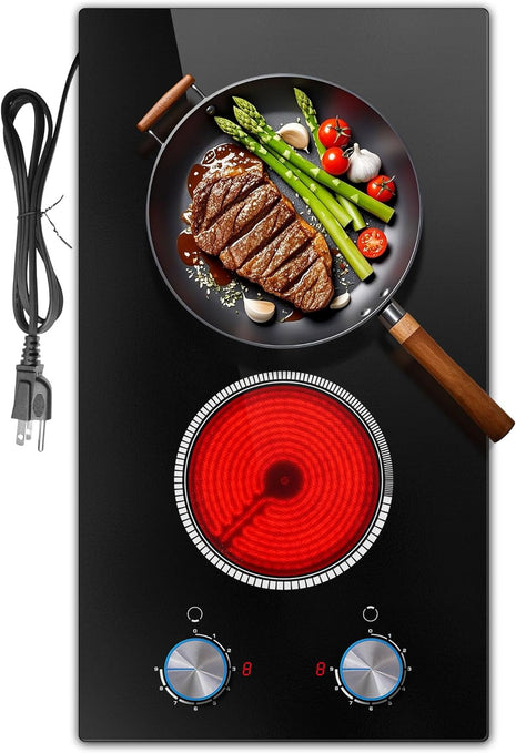 2 Burner Electric Cooktop 110V, Knob 12 Inch Electric Stove Top | 120V Stove Top Burner Knob Control, 2000W Countertop Stove, Timer, 9 Heating Levels, Overheat Protection, High-Temp Alarm