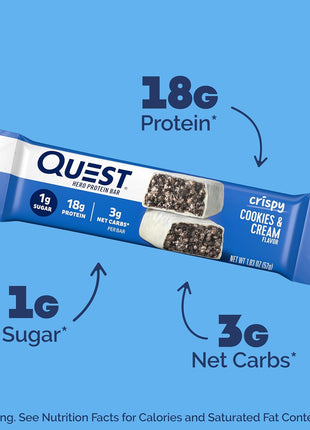 Quest Nutrition Crispy Cookies & Cream Hero Protein Bar, 18g Protein, 1g Sugar, 3g Net Carb, Gluten Free, Protein Snack, Keto Friendly, 12 Count