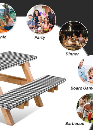 RNOONY Vinyl Fitted Picnic Table Cover with Bench Covers and Bag, 6ft Outdoor Waterproof Windproof Tablecloth with Elastic Edges. Camping RV Gear Campers Must Have 72x30 Inches 4 Pcs Set (Black)