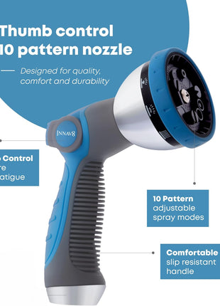 INNAV8 Garden Hose Nozzle Heavy Duty - Features 10 Spray Patterns, THUMB CONTROL On Off Valve Hose Sprayer Nozzle for Easy Water Control - Outdoor Water Hose Nozzle Head Attachment