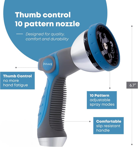 INNAV8 Garden Hose Nozzle Heavy Duty - Features 10 Spray Patterns, THUMB CONTROL On Off Valve Hose Sprayer Nozzle for Easy Water Control - Outdoor Water Hose Nozzle Head Attachment
