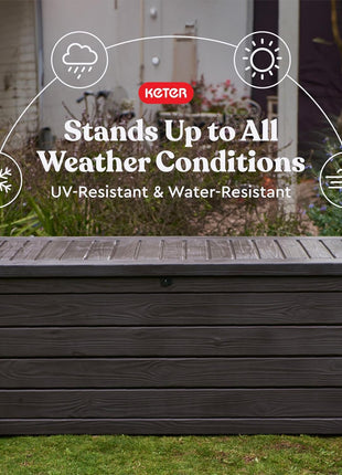 Keter 150 Gallon Resin Large Deck Box Organization and Storage Box for Patio, Outdoor Cushions, Garden Tools, Brown | Hydraulic Pistons, Resin, Weatherproof
