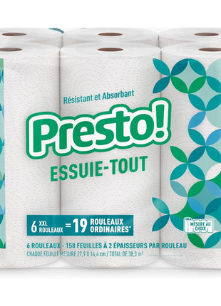 Amazon Brand - Presto! Flex-a-Size Paper Towels, 158 Sheet Huge Roll, 12 Rolls (2 Packs of 6), Equivalent to 38 Regular Rolls, White
