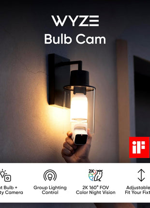 WYZE Bulb Cam - 2K HD Smart Light Bulb Security Camera with Color Night Vision, 800-Lumen Dimmable LED, 160° Wide View, Motion Detection & Siren, E26 Socket, Alexa/Google/IFTTT