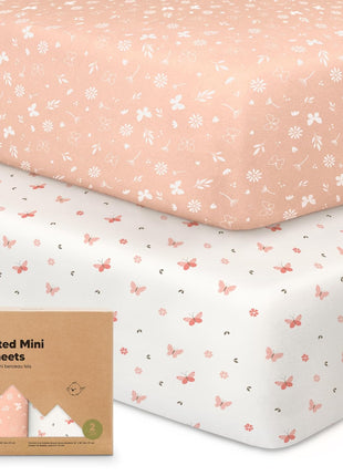 Pack and Play Sheets Fitted 2pk Mini Crib Sheet Pack N Play (Butterflies) | 38x26 Pack N Play Mattress Sheets, Soft Viscose from Bamboo, Snug Toddler Playard Bedding, Mini Mattress Cover, Boys, Girls