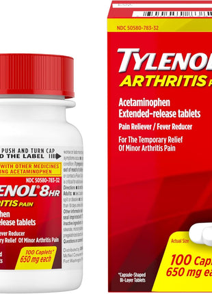 Tylenol 8 Hour Arthritis Pain Extended Fast, Strong Pain Relief Caplets, Acetaminophen 650 mg Each, Relieves Minor Arthritis and Joint Pain, Fever Reducer, Gentle on Stomach, 100 Count