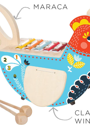 Manhattan Toy Musical Chicken Wooden Instrument for Toddlers with Xylophone, Drumsticks, Cymbal and Maraca,Blue
